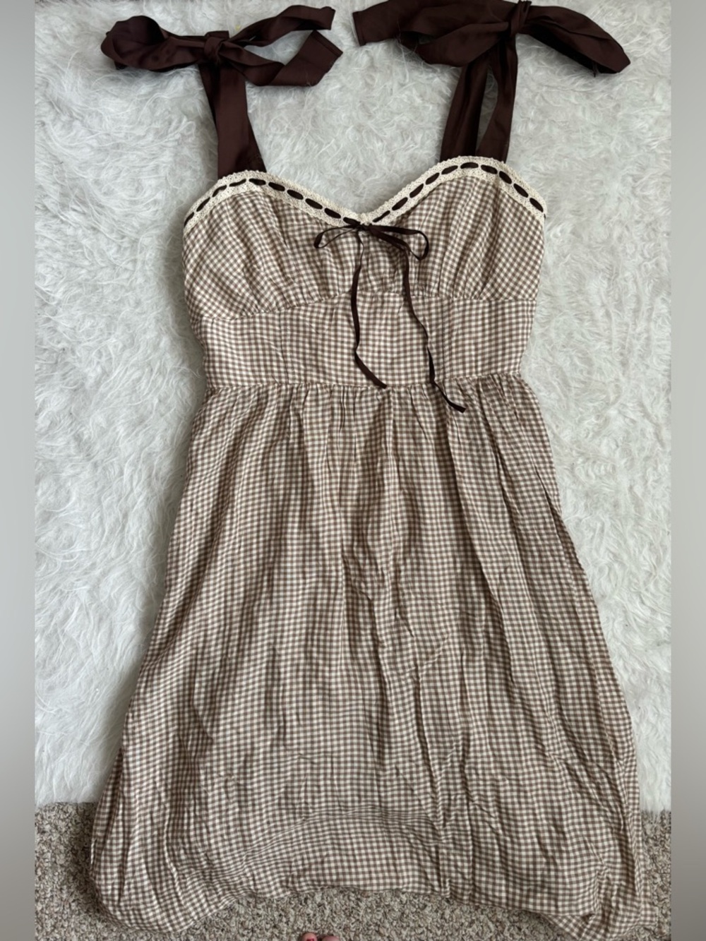 Blu Pepper Cottagecore Women’s Brown & Cream Gingham Tie-Shoulder Maxi Dress